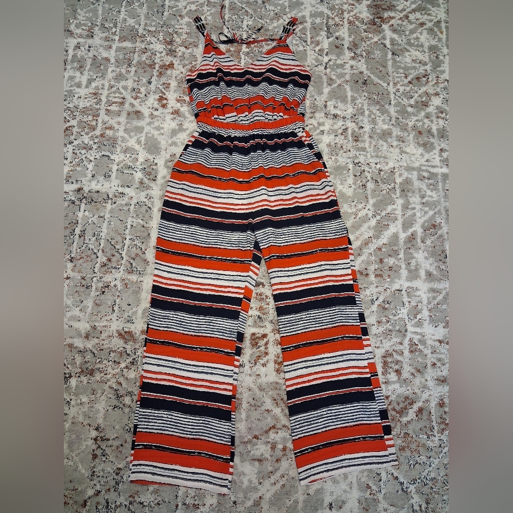 Striped Strapless Jumpsuit - Red, Black, White